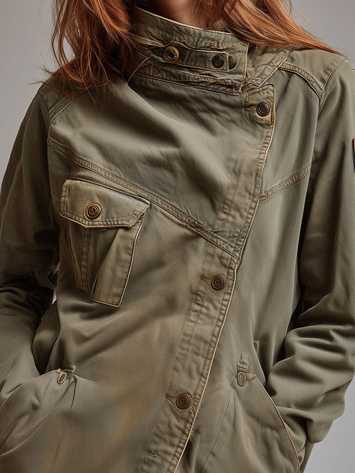 Stand collar slanted jacket detail view