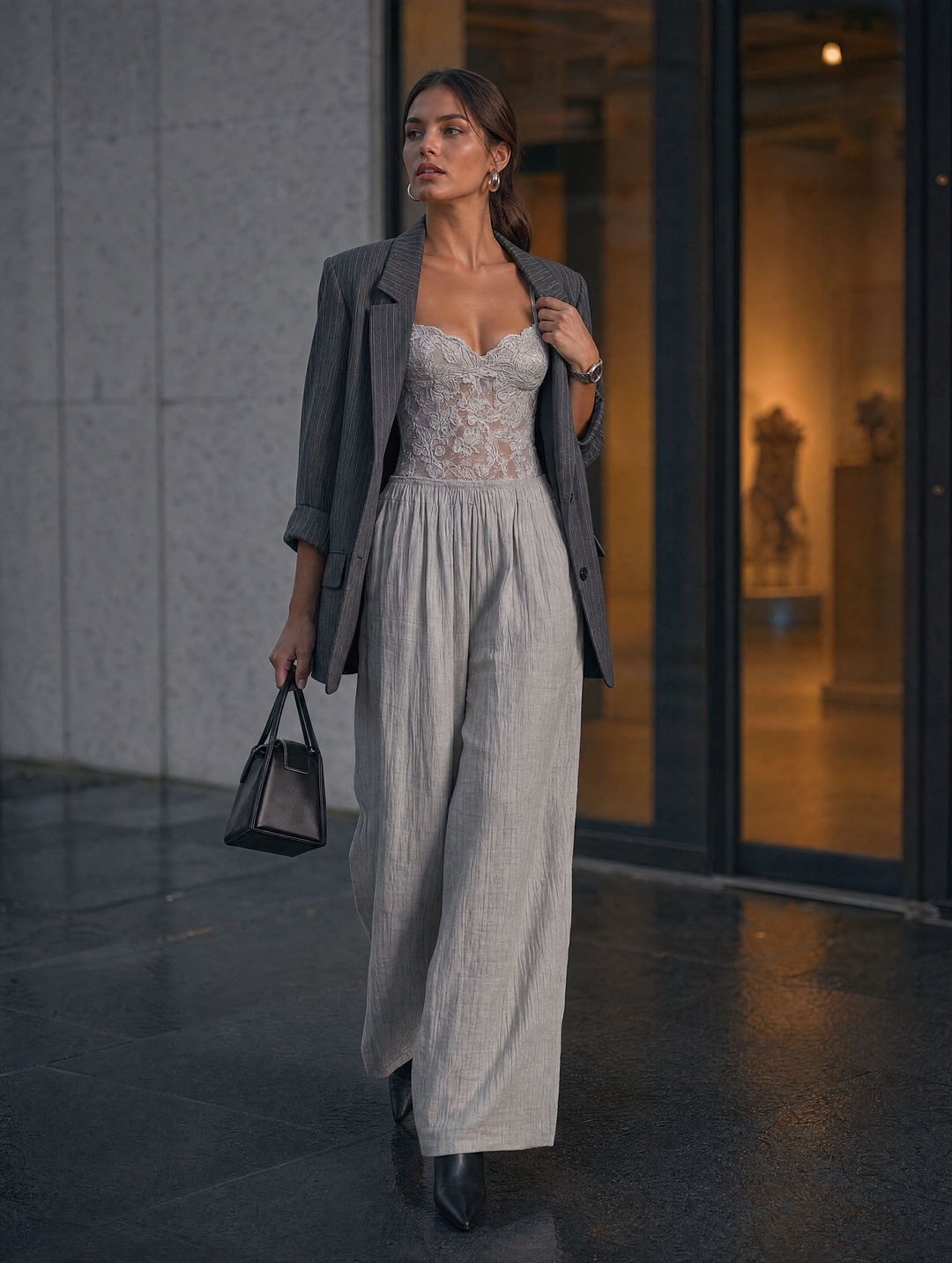 Grey crinkle wide-leg jumpsuit back view