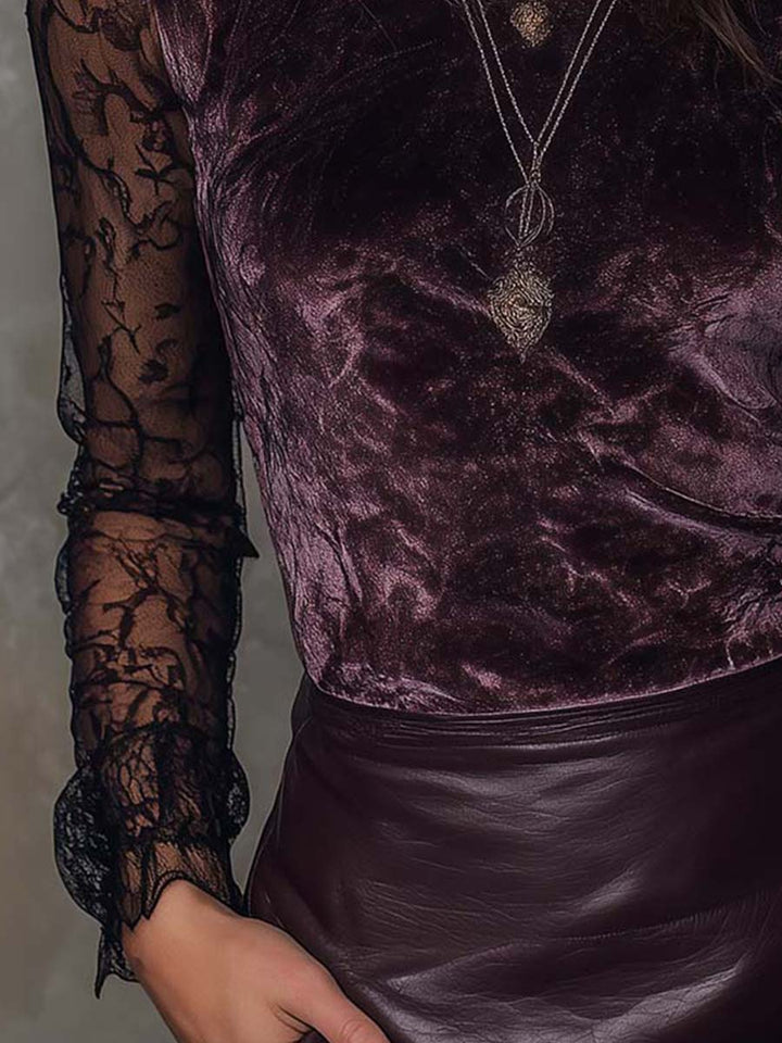 Velvet and lace gothic sheer-sleeve top styled view