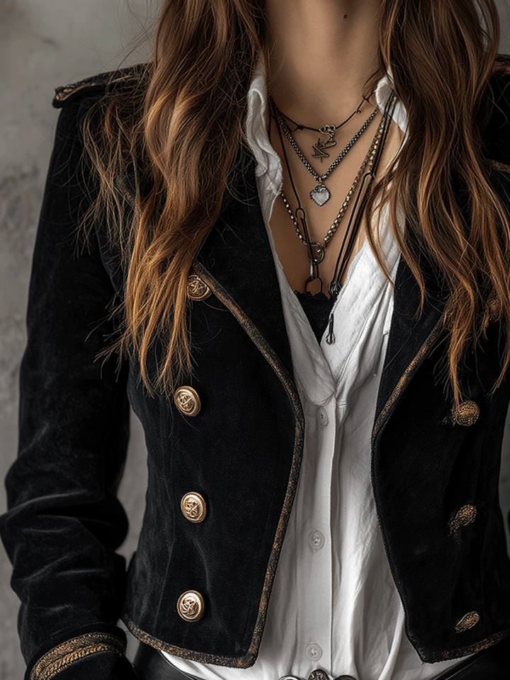 Velvet gold button blazer back view