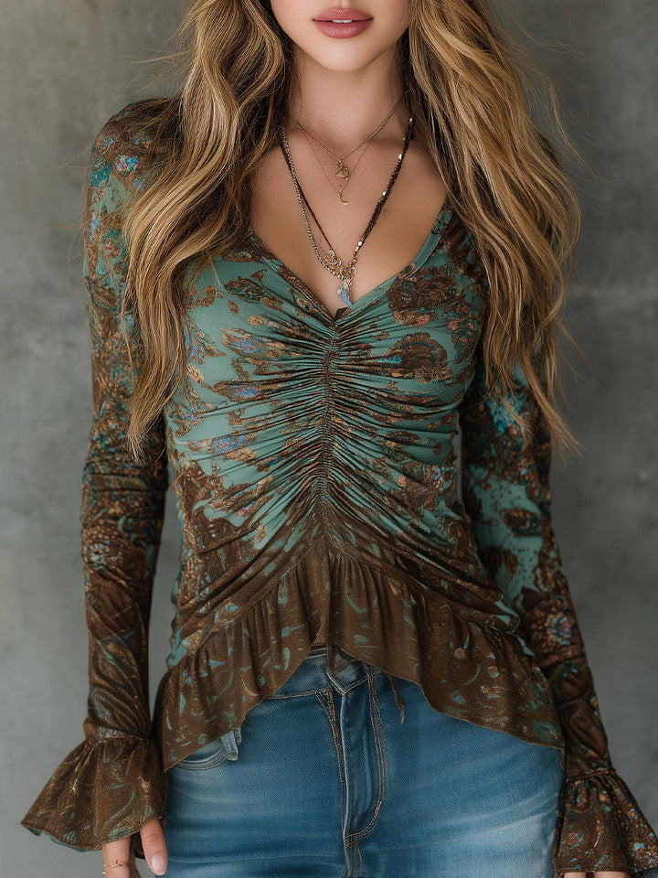 Boho sage bronze floral ruched ruffle blouse front view