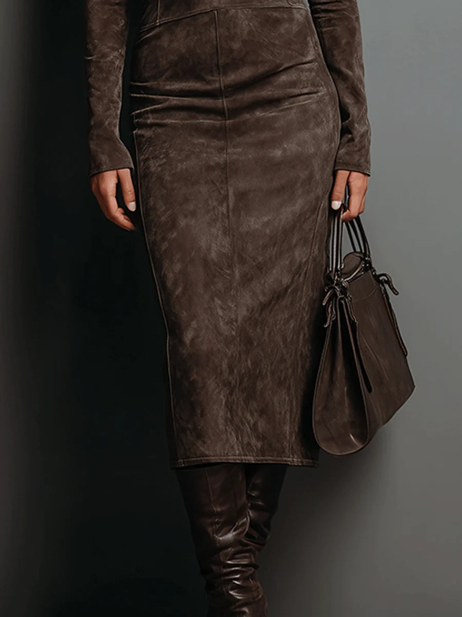 women's elegant midi dress – suede coffee long sleeve