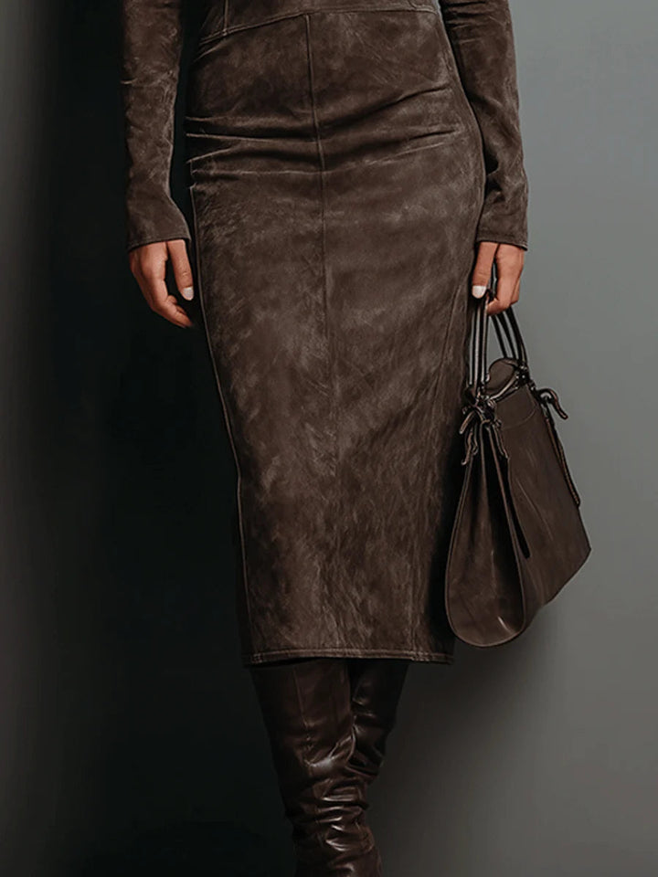 women's elegant midi dress – suede coffee long sleeve