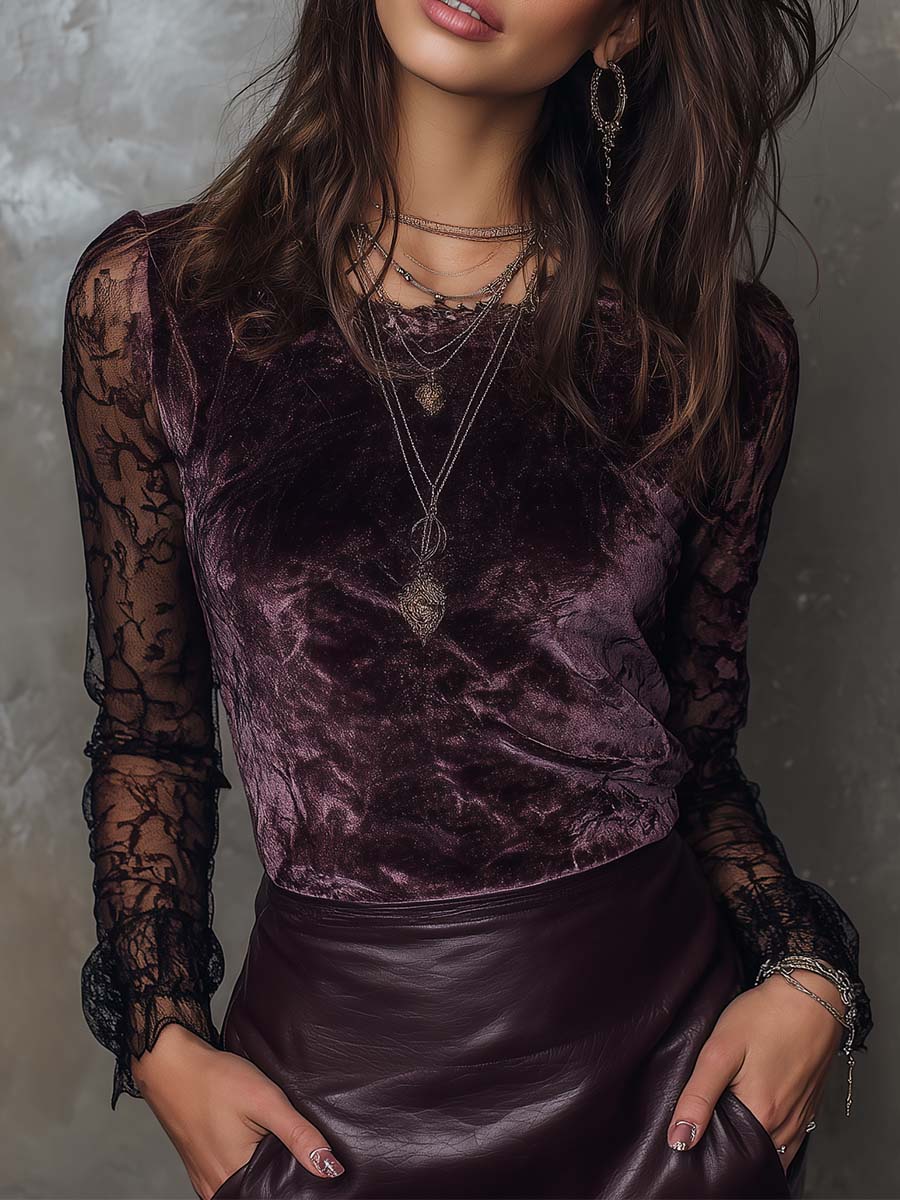 Velvet and lace gothic sheer-sleeve top front view