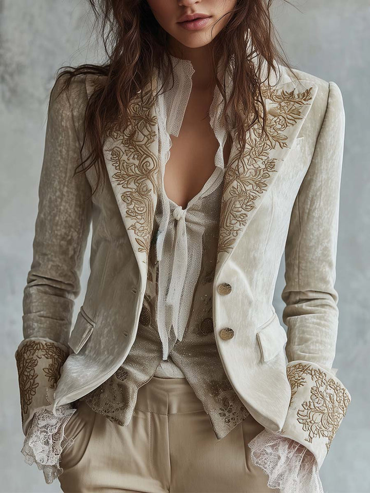 Ivory velvet embroidered blazer with lace cuffs front view
