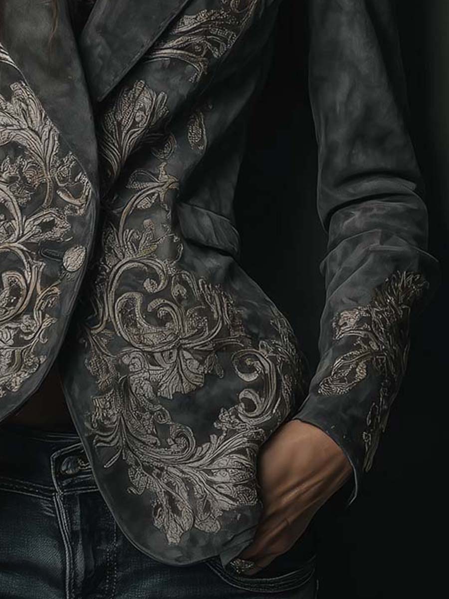 Embossed floral eco-suede blazer charcoal taupe detail view