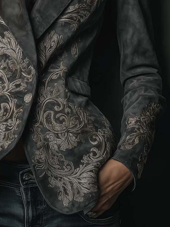 Embossed floral eco-suede blazer charcoal taupe detail view