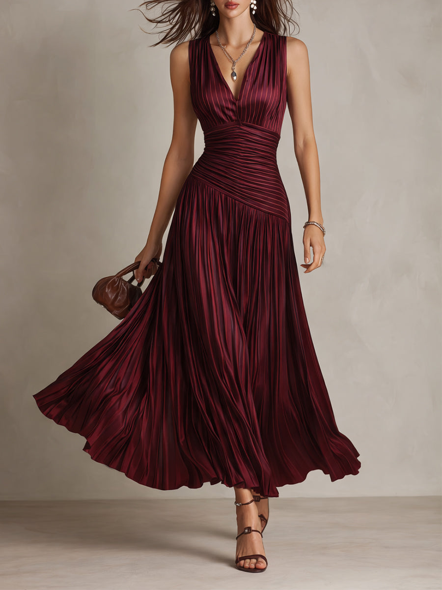 Vintage striped pleated satin maxi dress front view