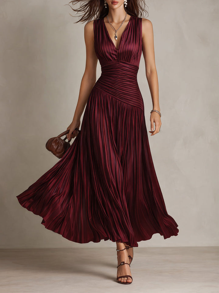 Vintage striped pleated satin maxi dress front view