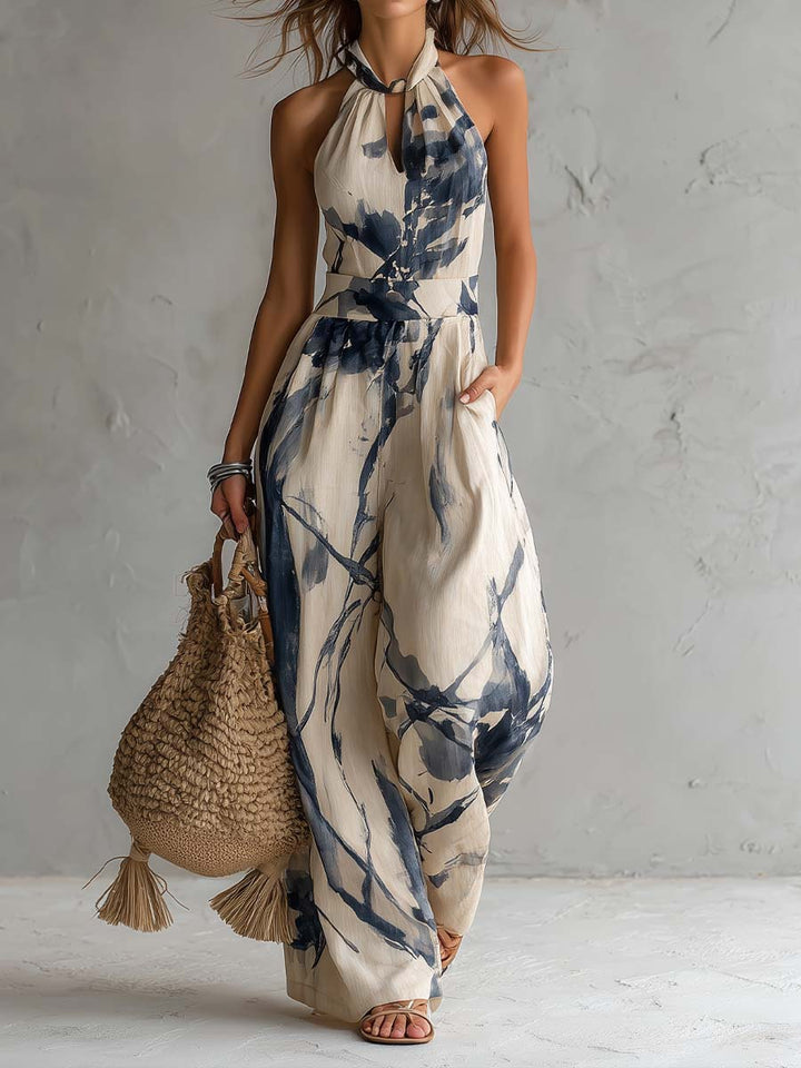 Ink wash print halter wide-leg jumpsuit front view