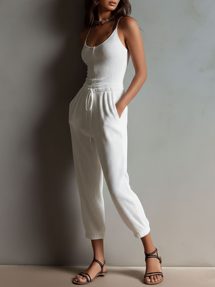 White knit drawstring jumpsuit side view