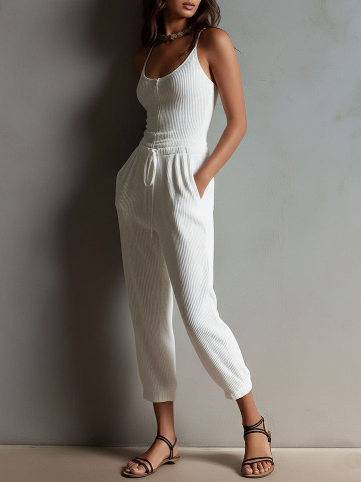 White knit drawstring jumpsuit side view