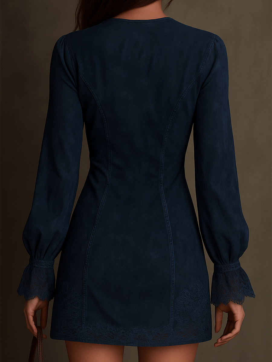 Blue suede mini dress side view