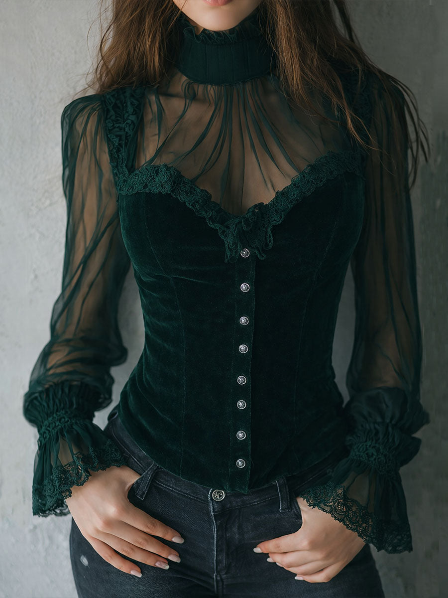 Black velvet sheer sleeve blouse back view