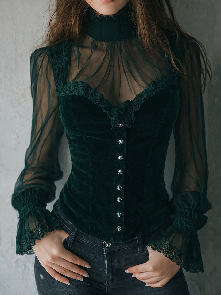 Black velvet sheer sleeve blouse back view