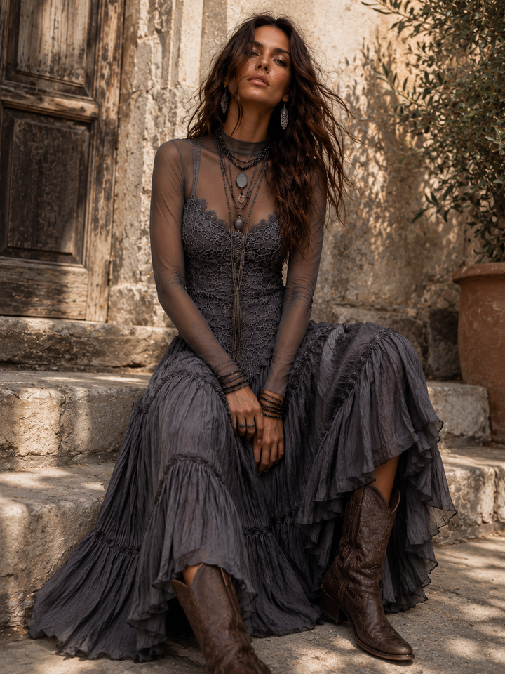 Lace bodice tiered maxi dress detail close-up