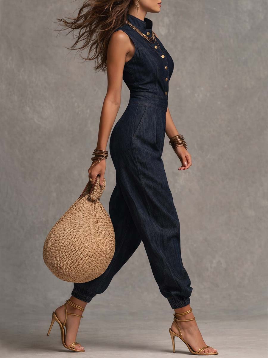 Retro denim sleeveless jumpsuit side view