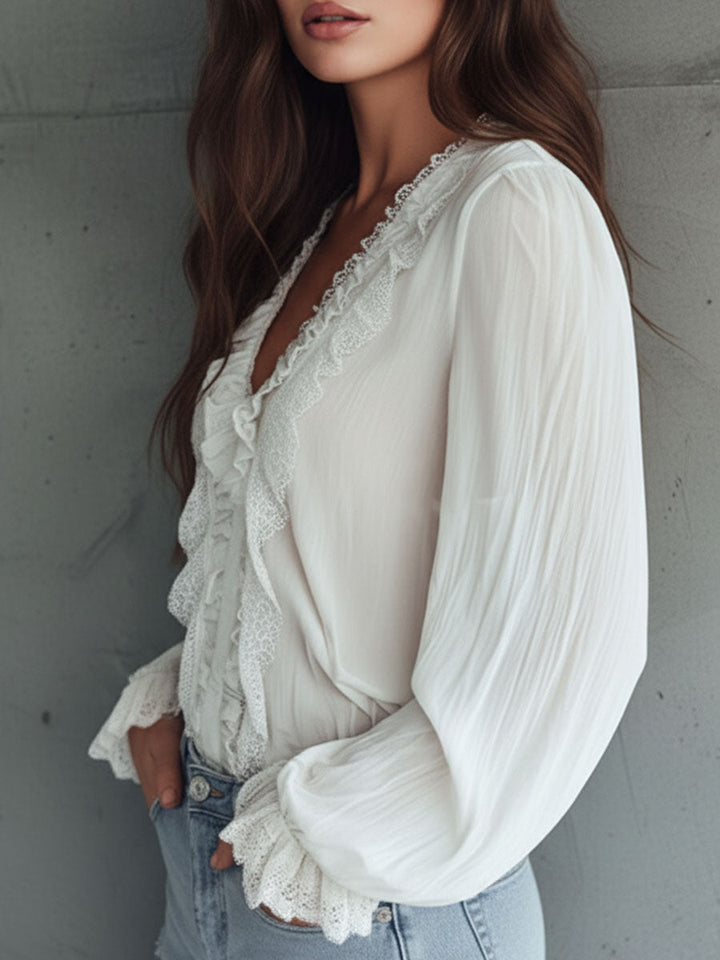 Vintage victorian v-neck ruffle lace blouse styled view