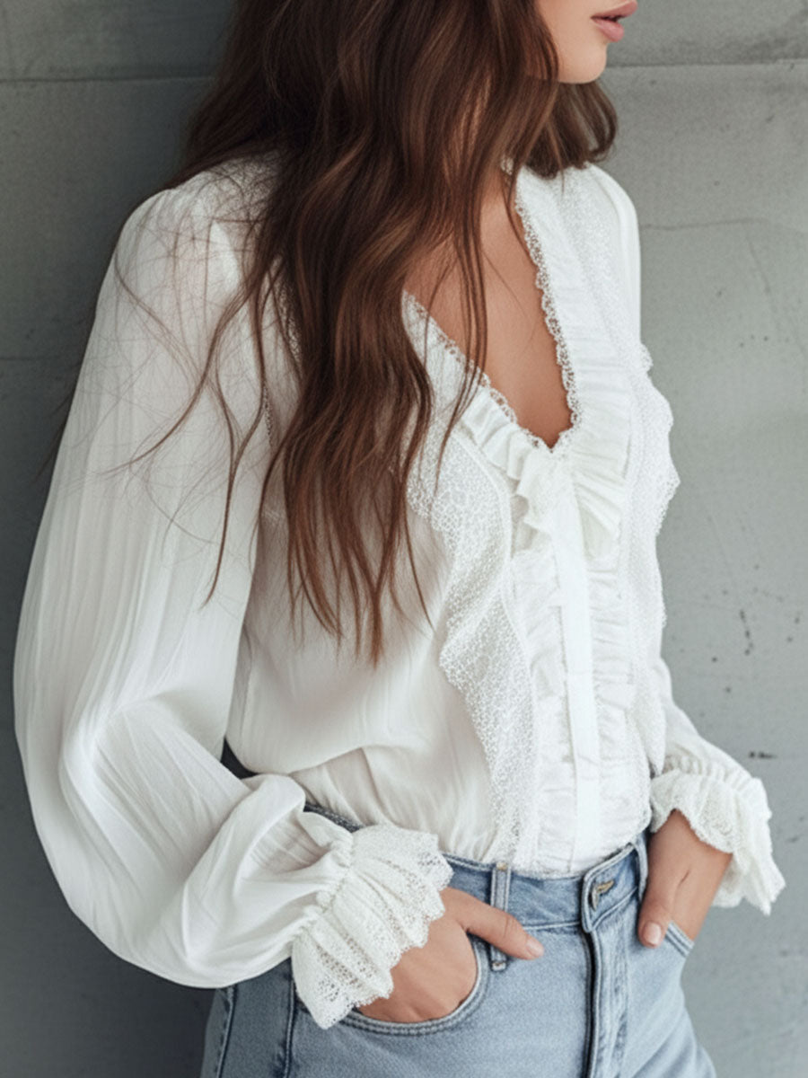 Vintage victorian v-neck ruffle lace blouse detail view