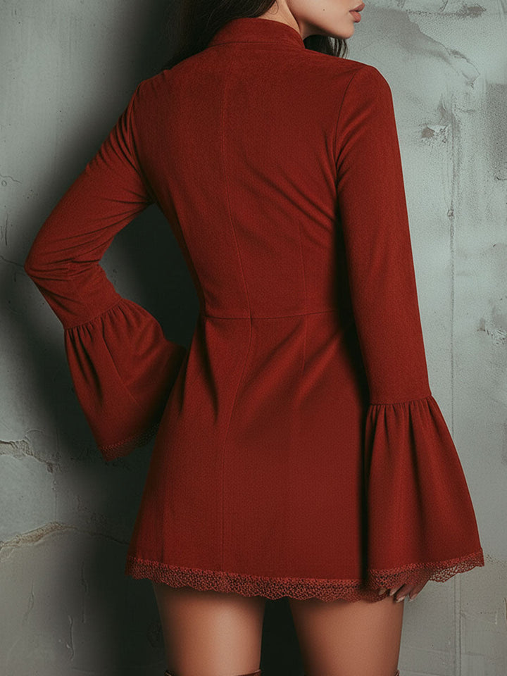 Retro bell sleeve embroidered rust red microsuede lace mini dress back view