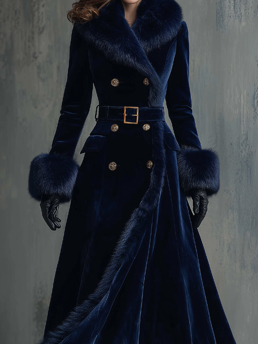 Faux fur collar velvet coat detail view
