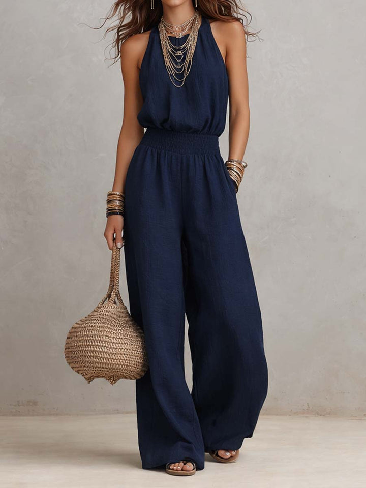 Tan halter smocked wide-leg jumpsuit styled look