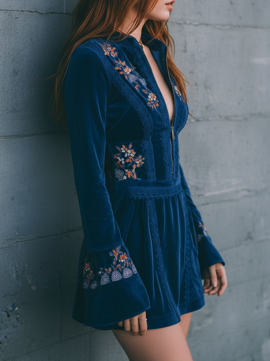 Velvet zipper lace embroidered dress back view