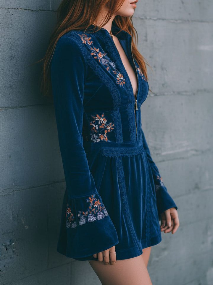 Velvet zipper lace embroidered dress back view