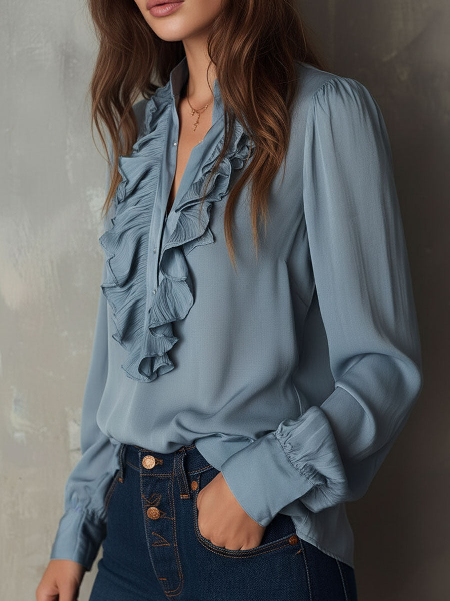 Dusty blue ruffle front v-neck button chiffon blouse detail view