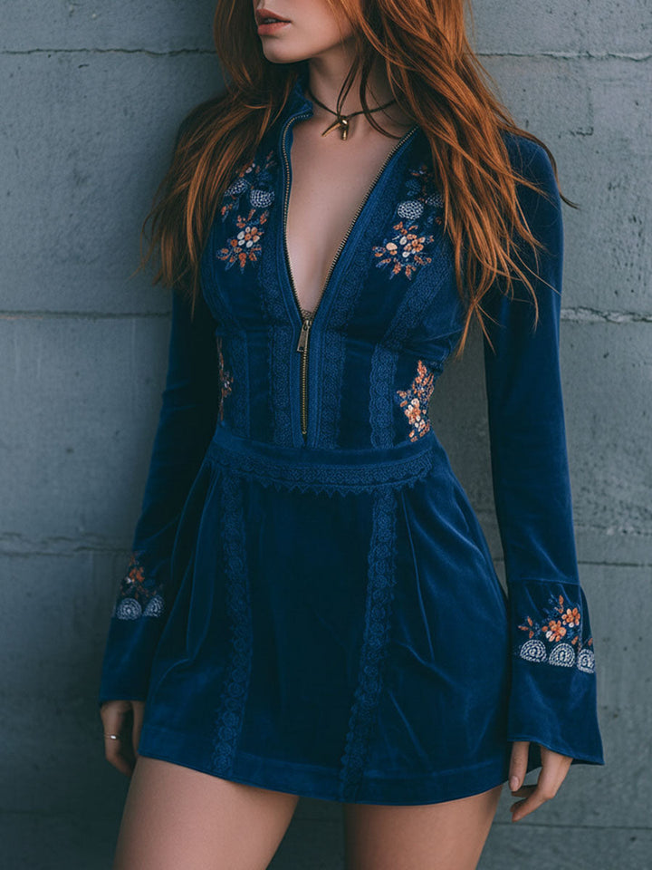 Blue velvet embroidered mini dress side view