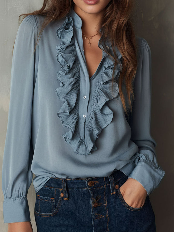 Dusty blue ruffle front v-neck button chiffon blouse back view