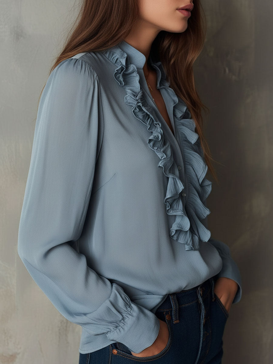 Dusty blue ruffle front v-neck button chiffon blouse side view