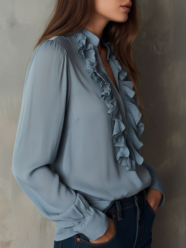 Dusty blue ruffle front v-neck button chiffon blouse side view