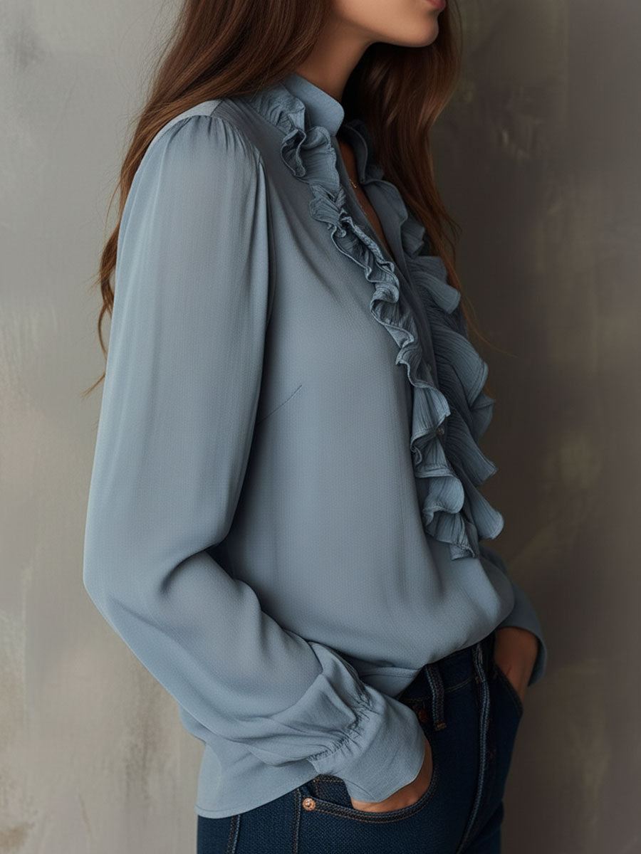 Dusty blue ruffle front v-neck button chiffon blouse styled view