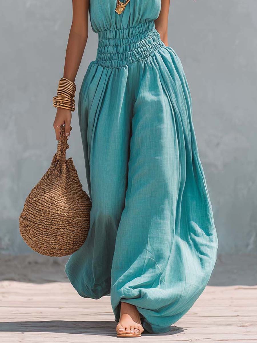 Boho cotton halter balloon jumpsuit styled look