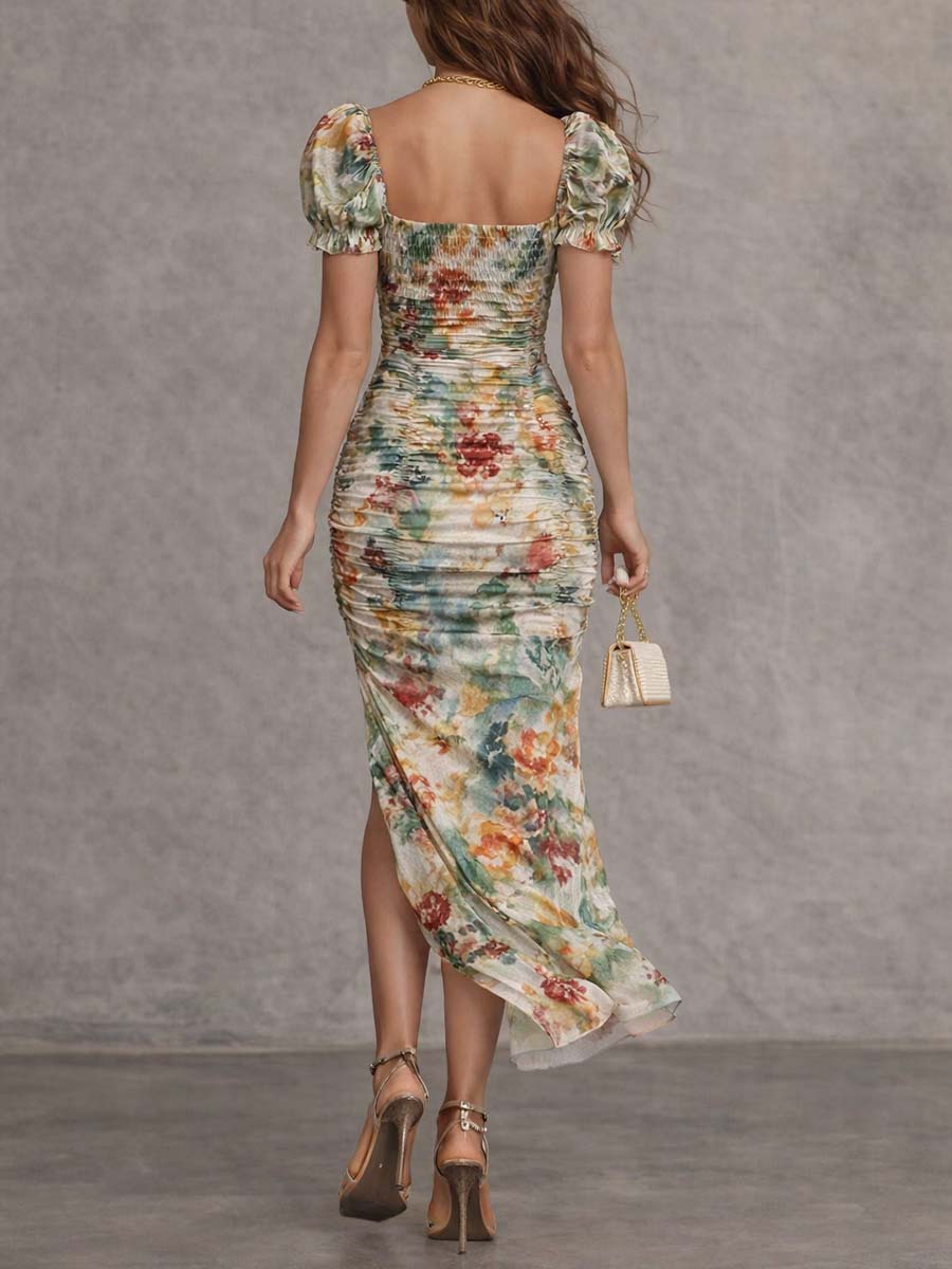 Square-neck ruched midi dress back view