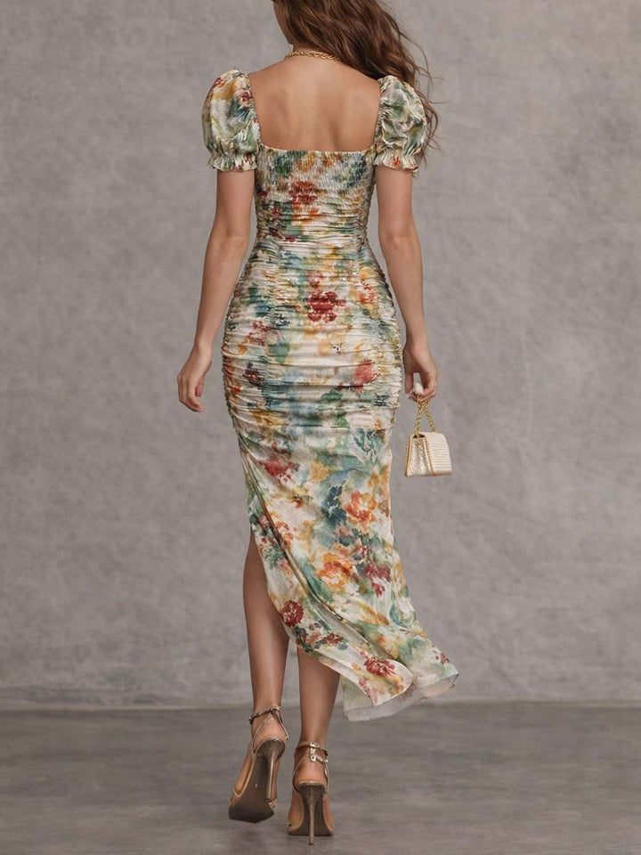 Square-neck ruched midi dress back view