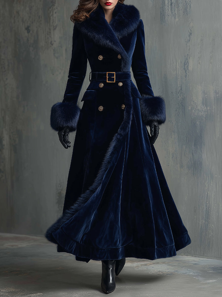 Elegant velvet mid-length coat faux fur collar front view