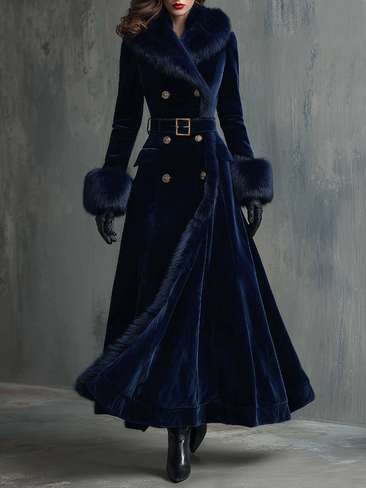 Elegant velvet mid-length coat faux fur collar front view