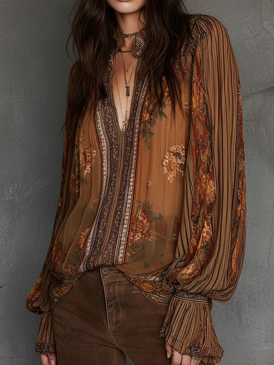 Sheer floral billowy sleeve blouse side view