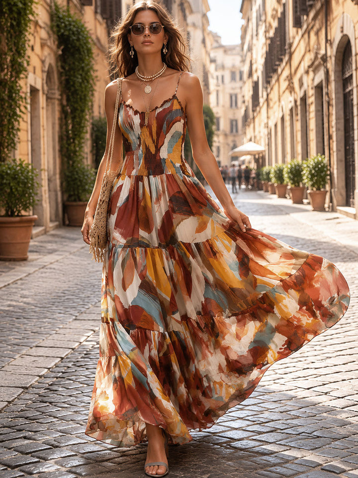 Abstract boho smocked dress detail view