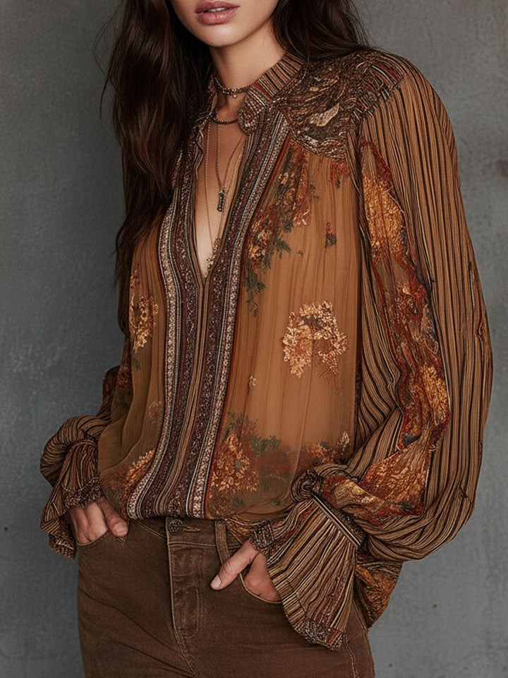 Vintage boho sheer floral billowy sleeve blouse front view