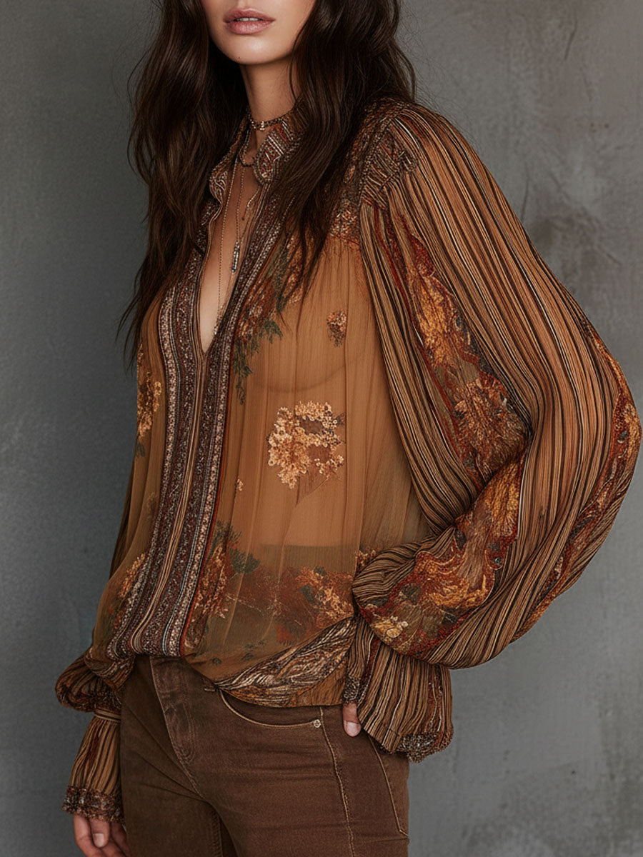 Sheer floral billowy sleeve detail view
