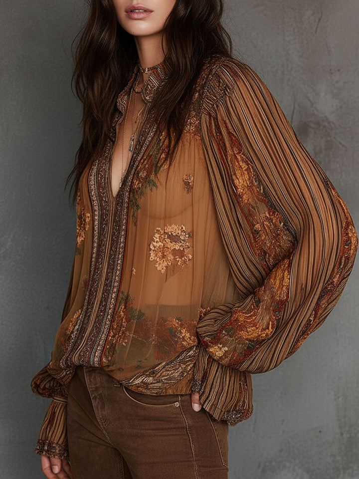 Sheer floral billowy sleeve detail view