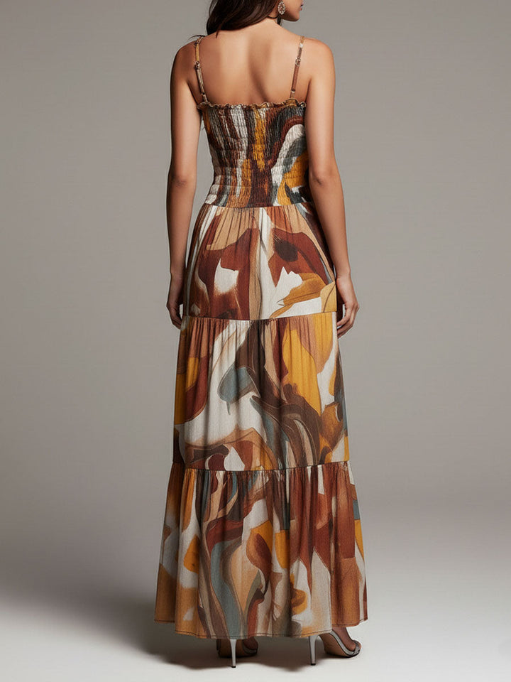 Smocked bodice abstract maxi dress back view
