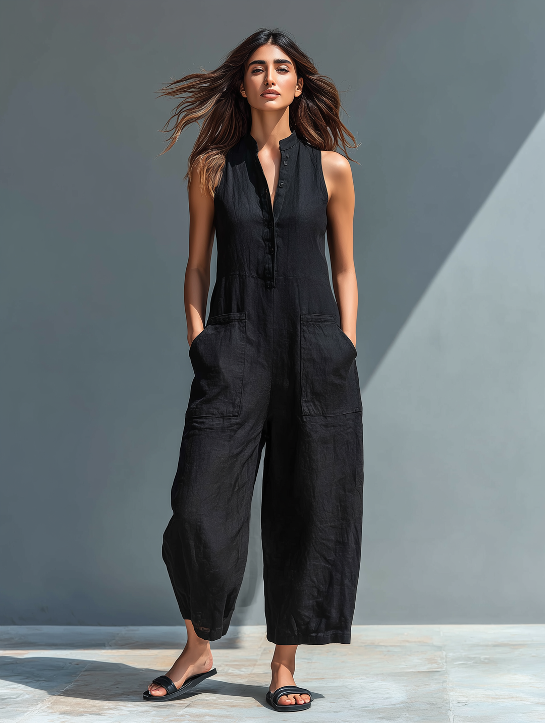 Black Sleeveless Jumpsuit — close-up view