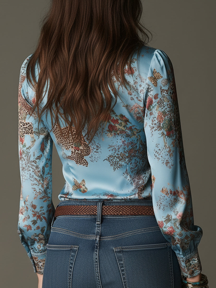 Leopard print satin blouse back view