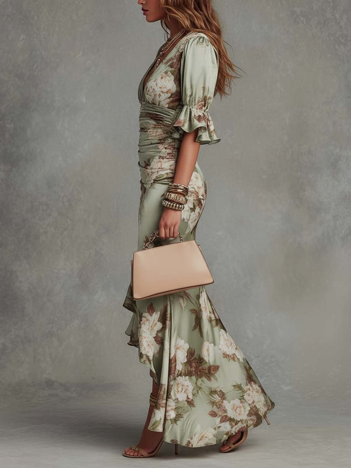 Floral ruched maxi dress side view