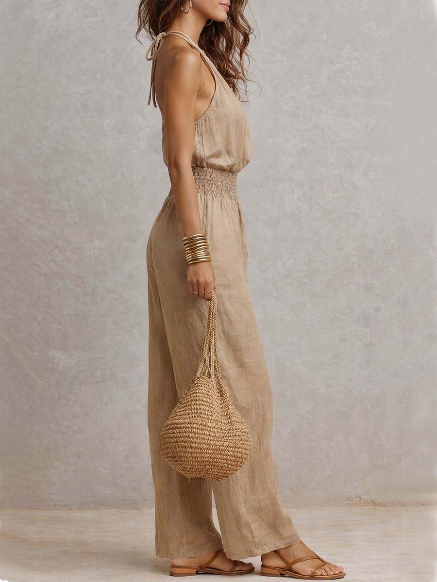 Cotton linen wide-leg halter jumpsuit back view