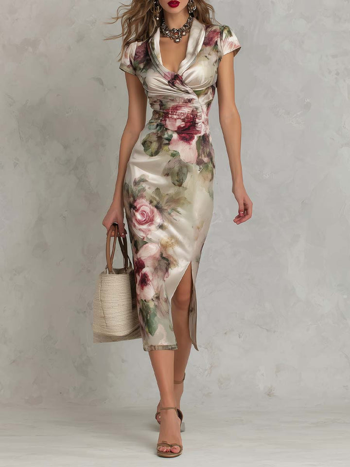 Satin floral midi dress ruched detail close-up